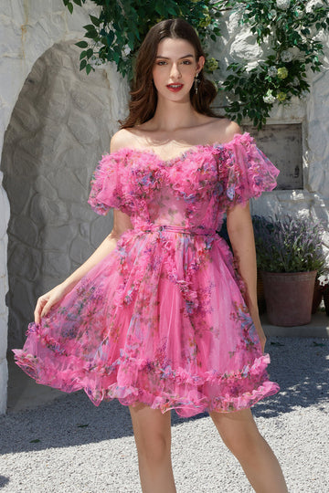 Hermosa una línea fuera del hombro Fucsia Tul Vestido corto de bienvenida con mangas cortas